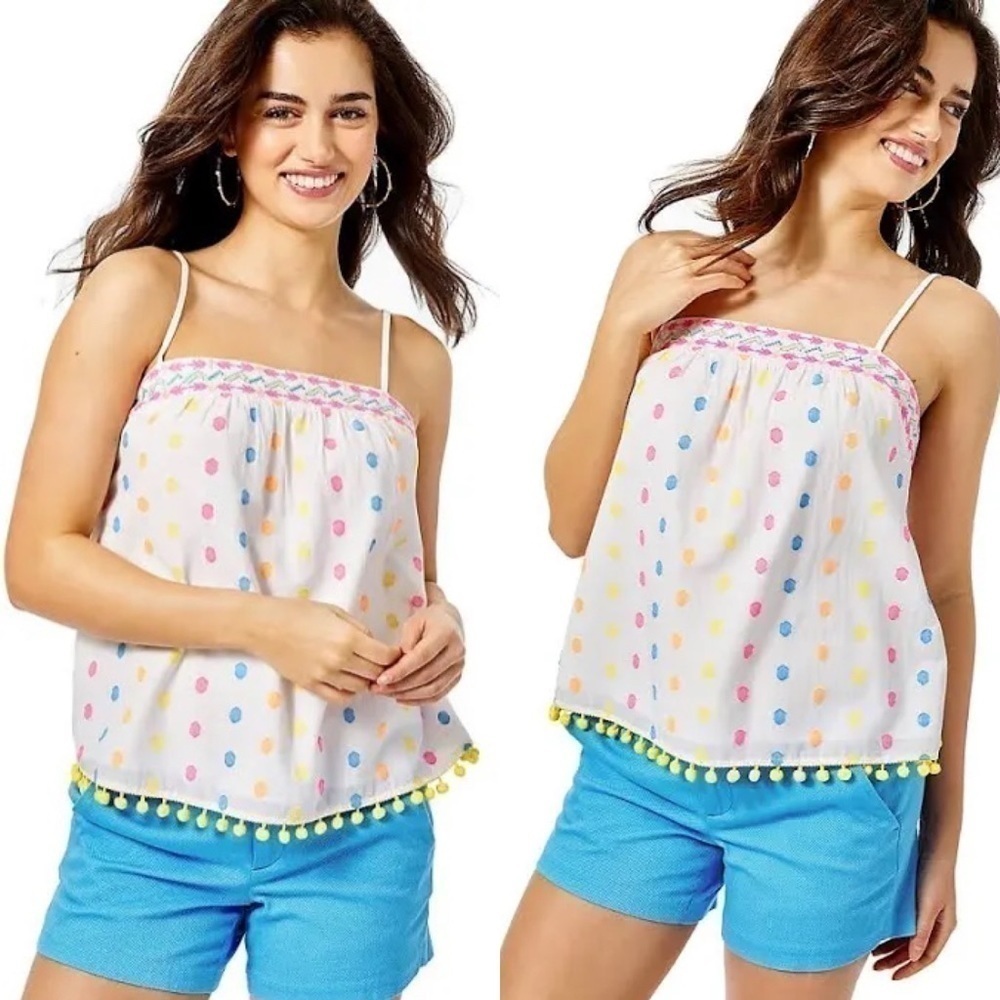 Lilly Pulitzer Byrde Top, Embroidered with Pom-Pom Hem, Adjustable Straps, XS